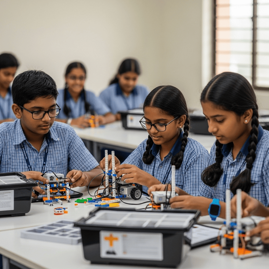 Young students learning robotics with colorful kits