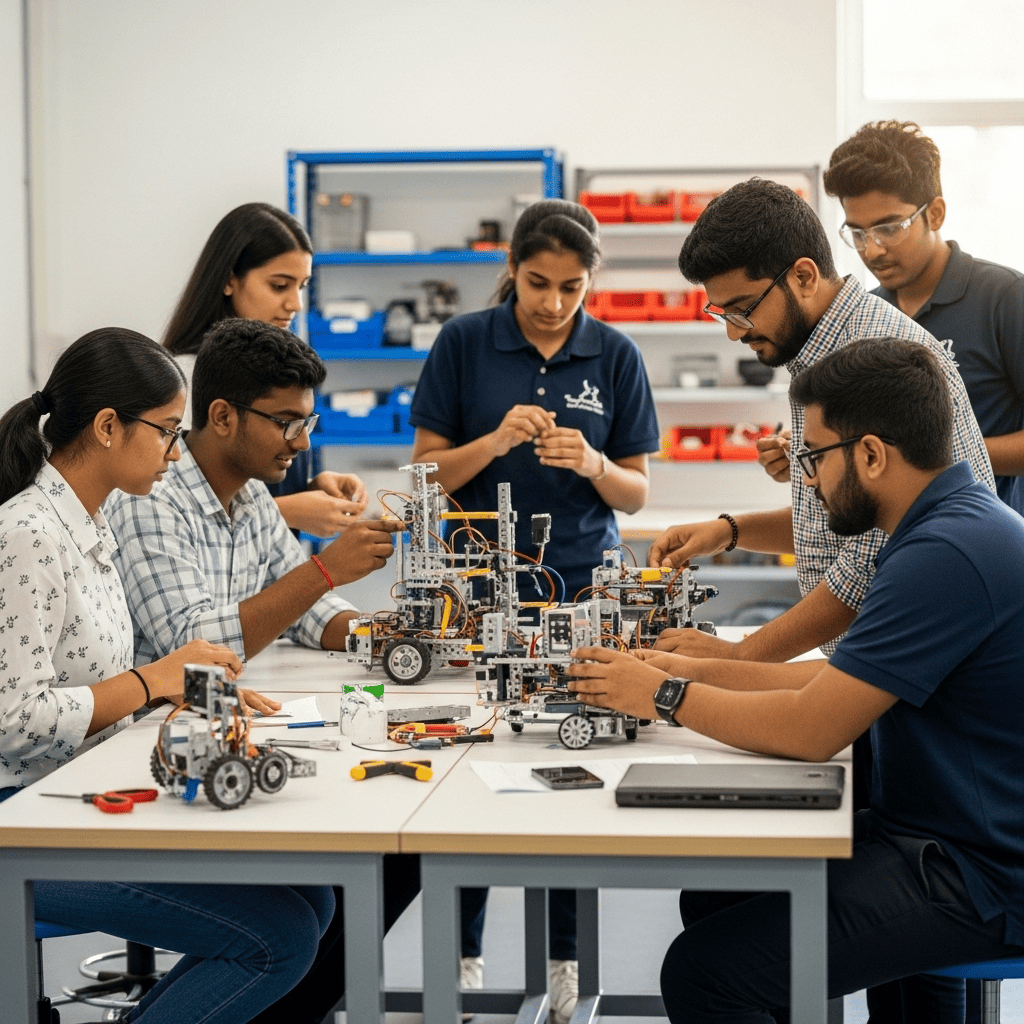 High school robotics team collaborating on a complex robot in a workshop