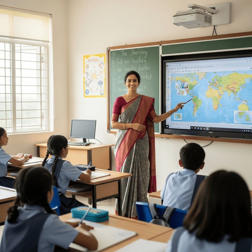 A teacher using a smartboard in a classroom