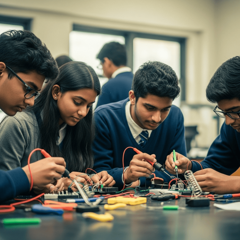 Teenager soldering an electronic circuit for a robotics project