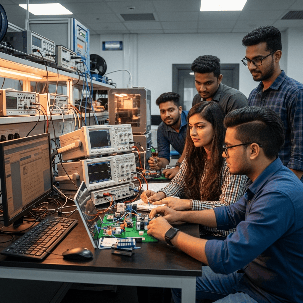 University students collaborating in a high-tech engineering lab